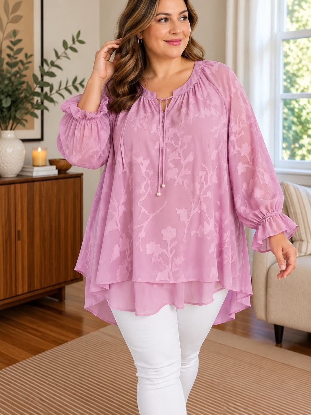 Penningtons Rose Mauve Floral Tie-Neck Tunic